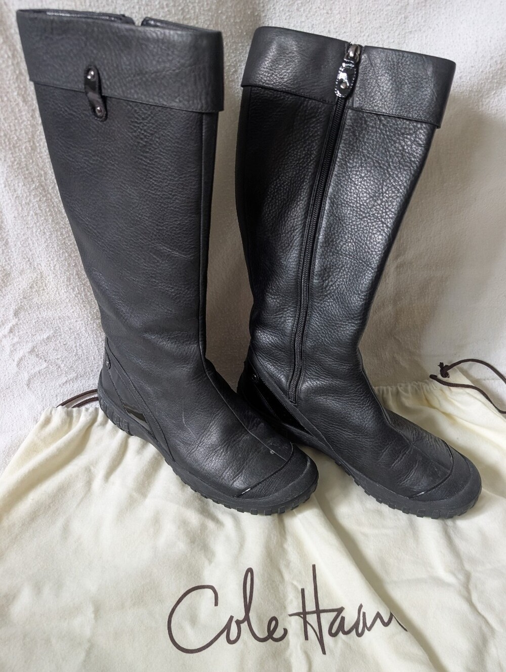 Cole Haan Black Leather Knee-High Zip Rain Boots